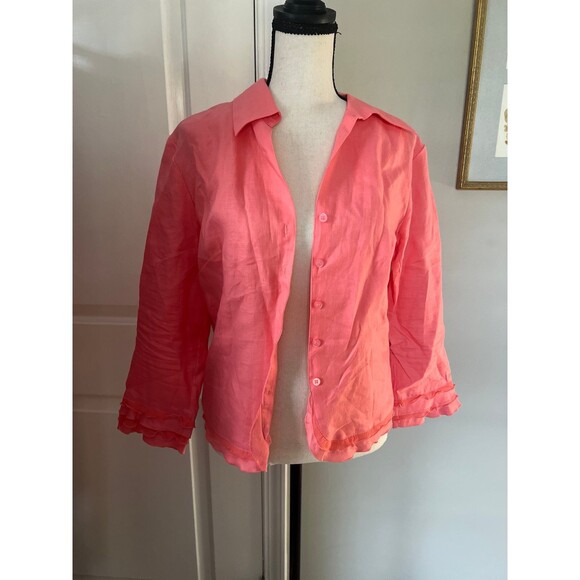 UN Deux trios 100% linen pink ruffle blouse - Picture 1 of 8